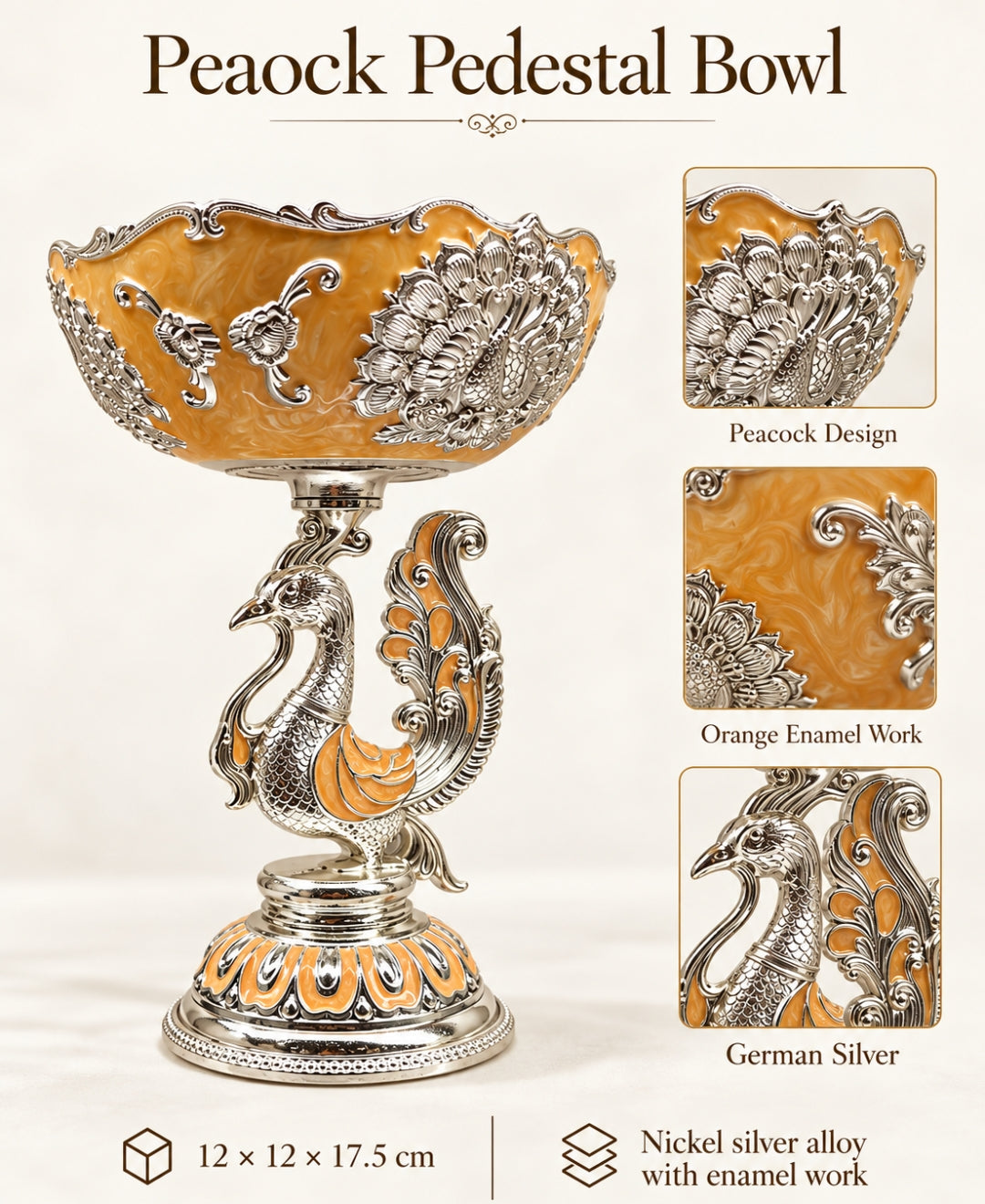 German Silver Peacock Pedestal Bowl – Saffron Orange Enamel