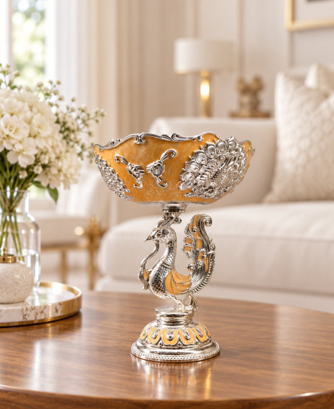 German Silver Peacock Pedestal Bowl – Saffron Orange Enamel