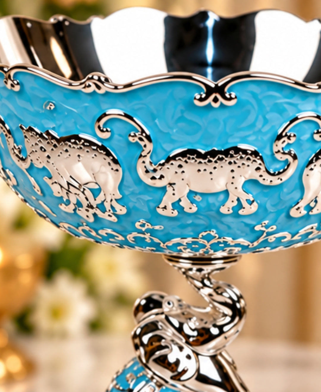 German Silver Elephant Pedestal Bowl – Sky Blue Enamel