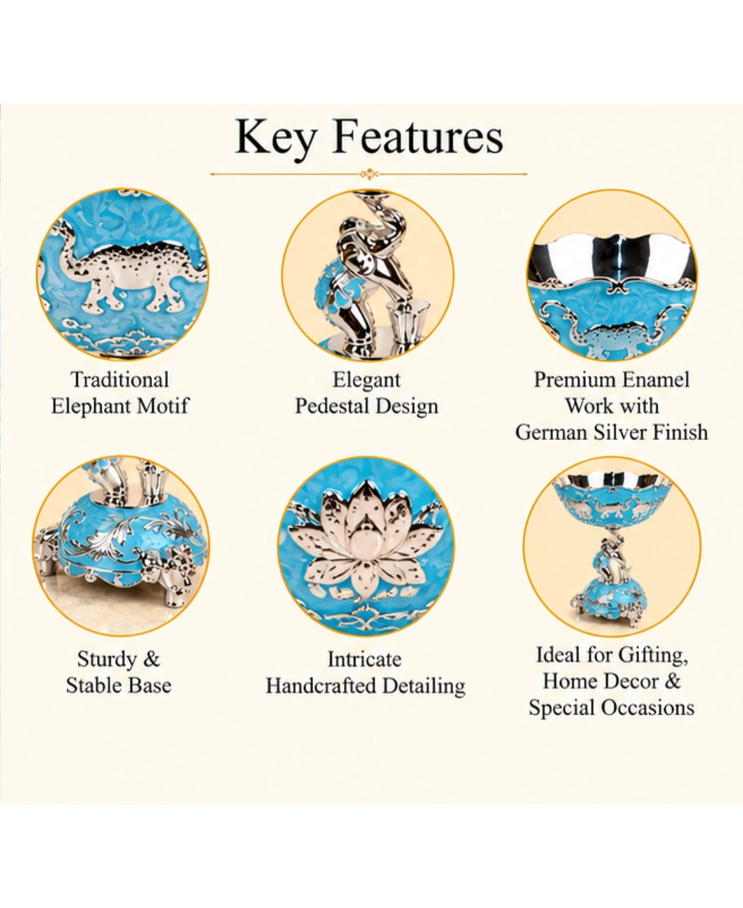 German Silver Elephant Pedestal Bowl – Sky Blue Enamel