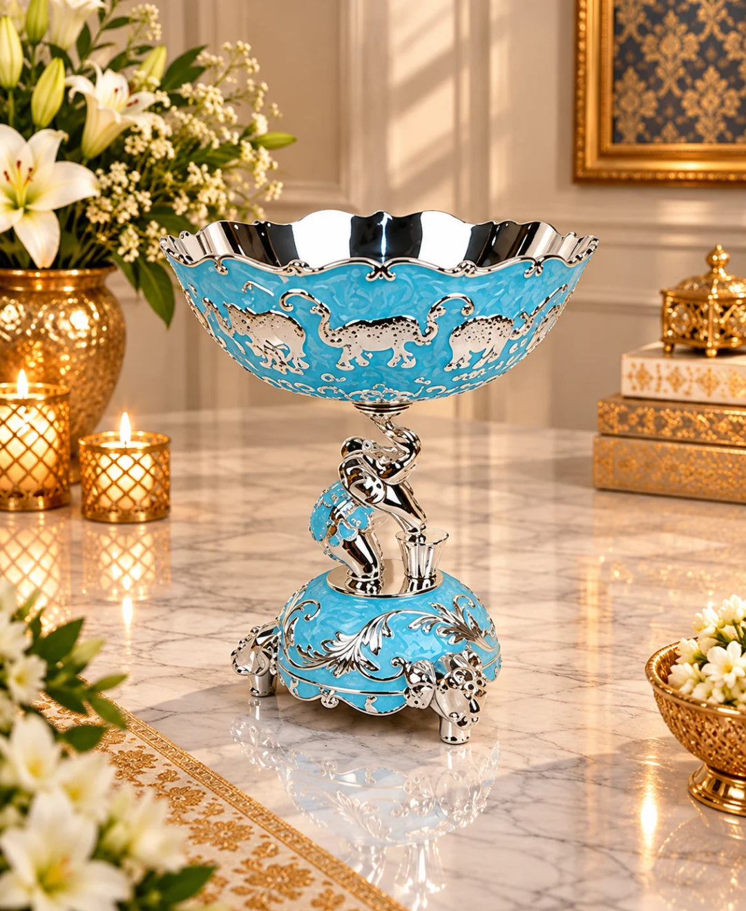 German Silver Elephant Pedestal Bowl – Sky Blue Enamel