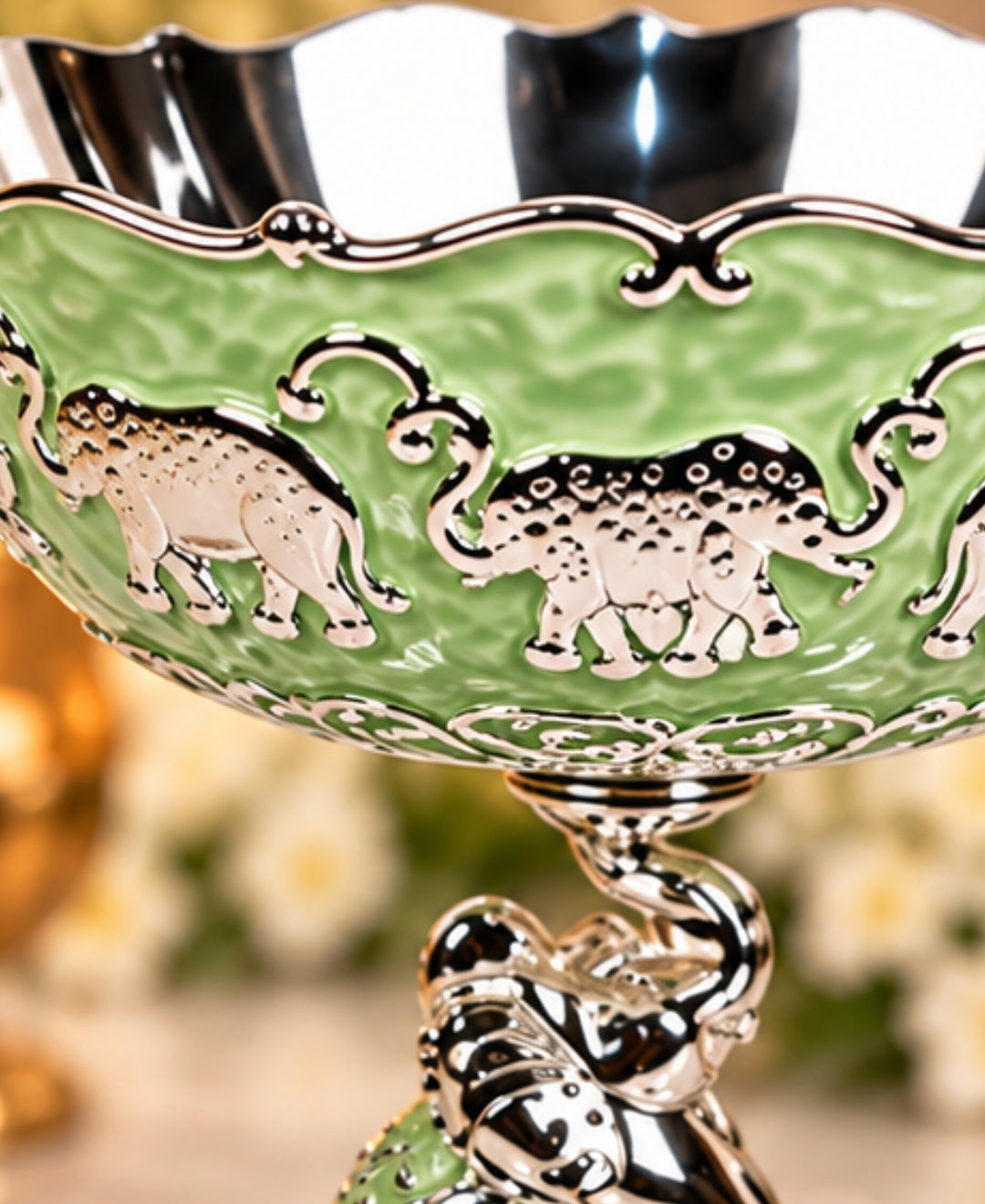 German Silver Elephant Pedestal Bowl – Mint Green Enamel