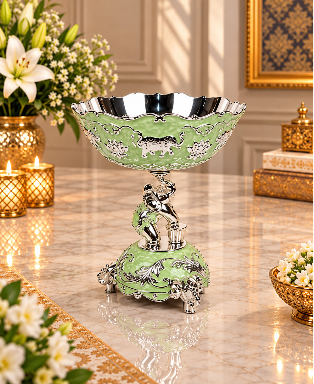 German Silver Elephant Pedestal Bowl – Mint Green Enamel