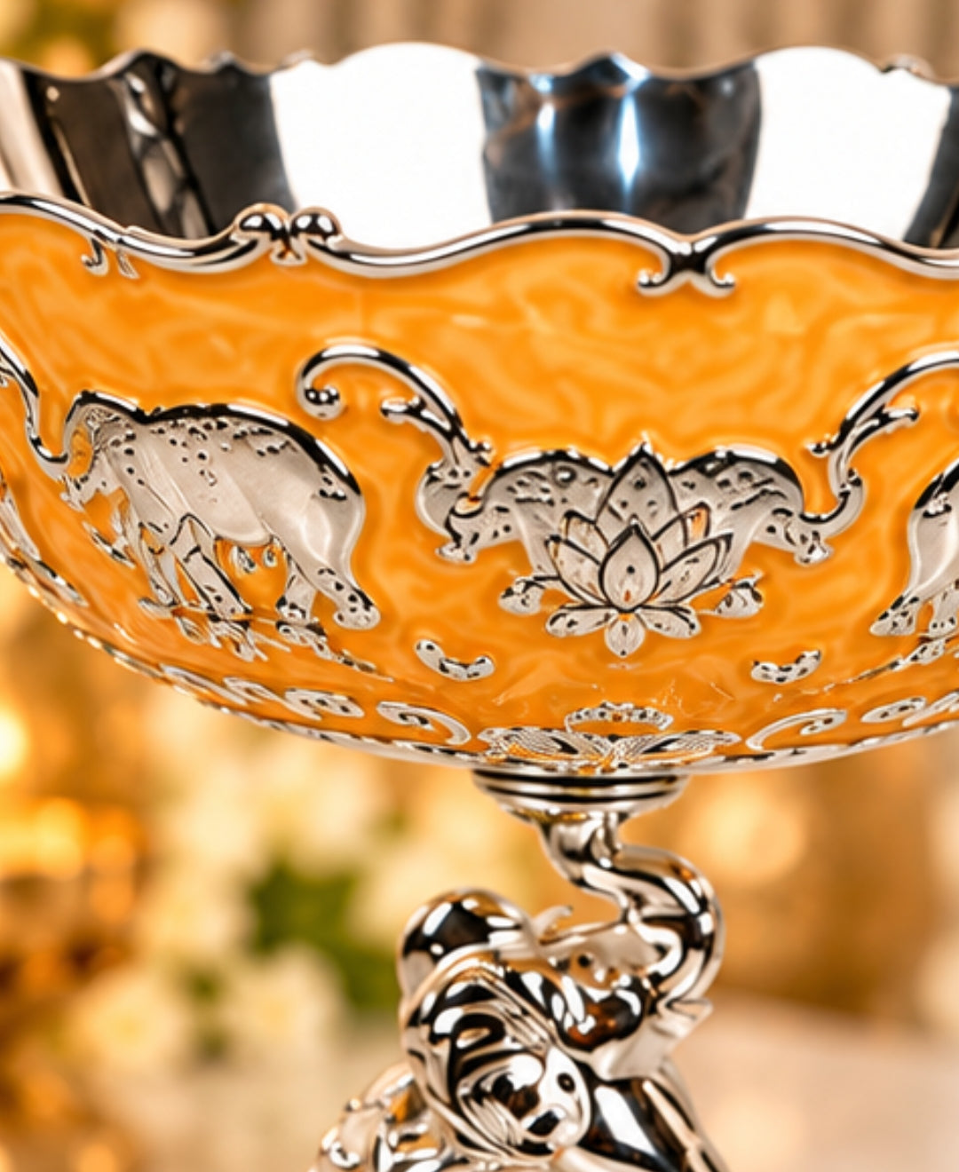 German Silver Elephant Pedestal Bowl – Saffron Orange Enamel