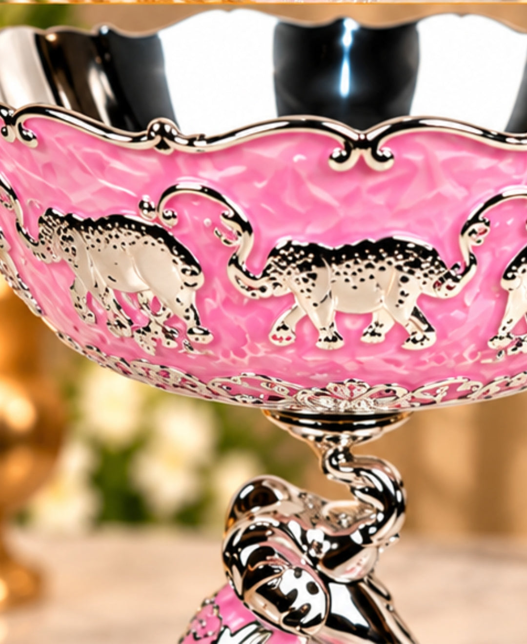 German Silver Elephant Pedestal Bowl – Lilac Pink Enamel