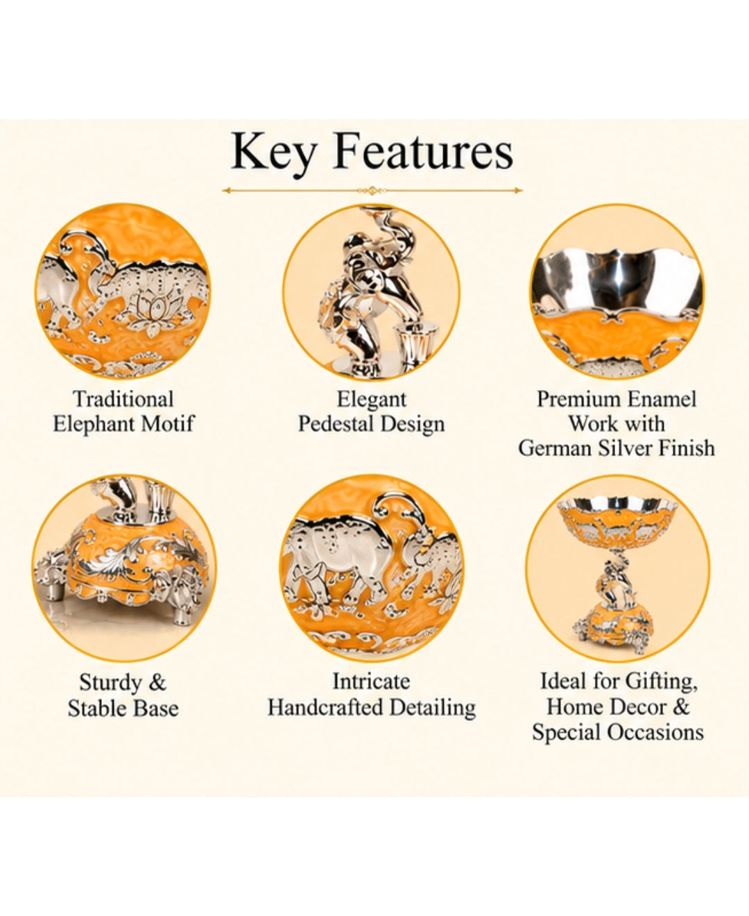 German Silver Elephant Pedestal Bowl – Saffron Orange Enamel