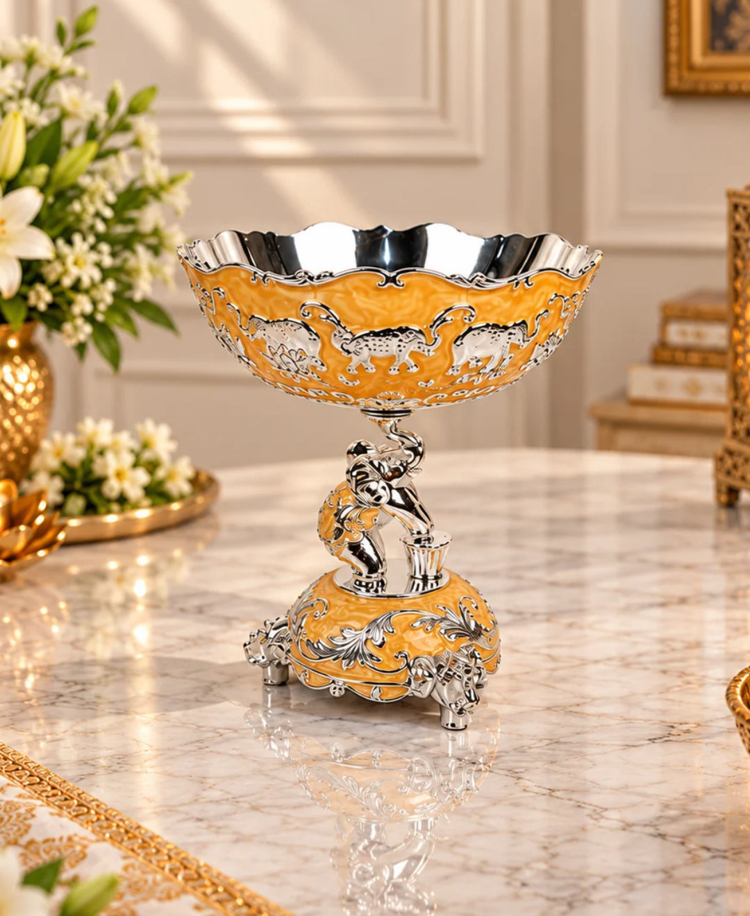 German Silver Elephant Pedestal Bowl – Saffron Orange Enamel