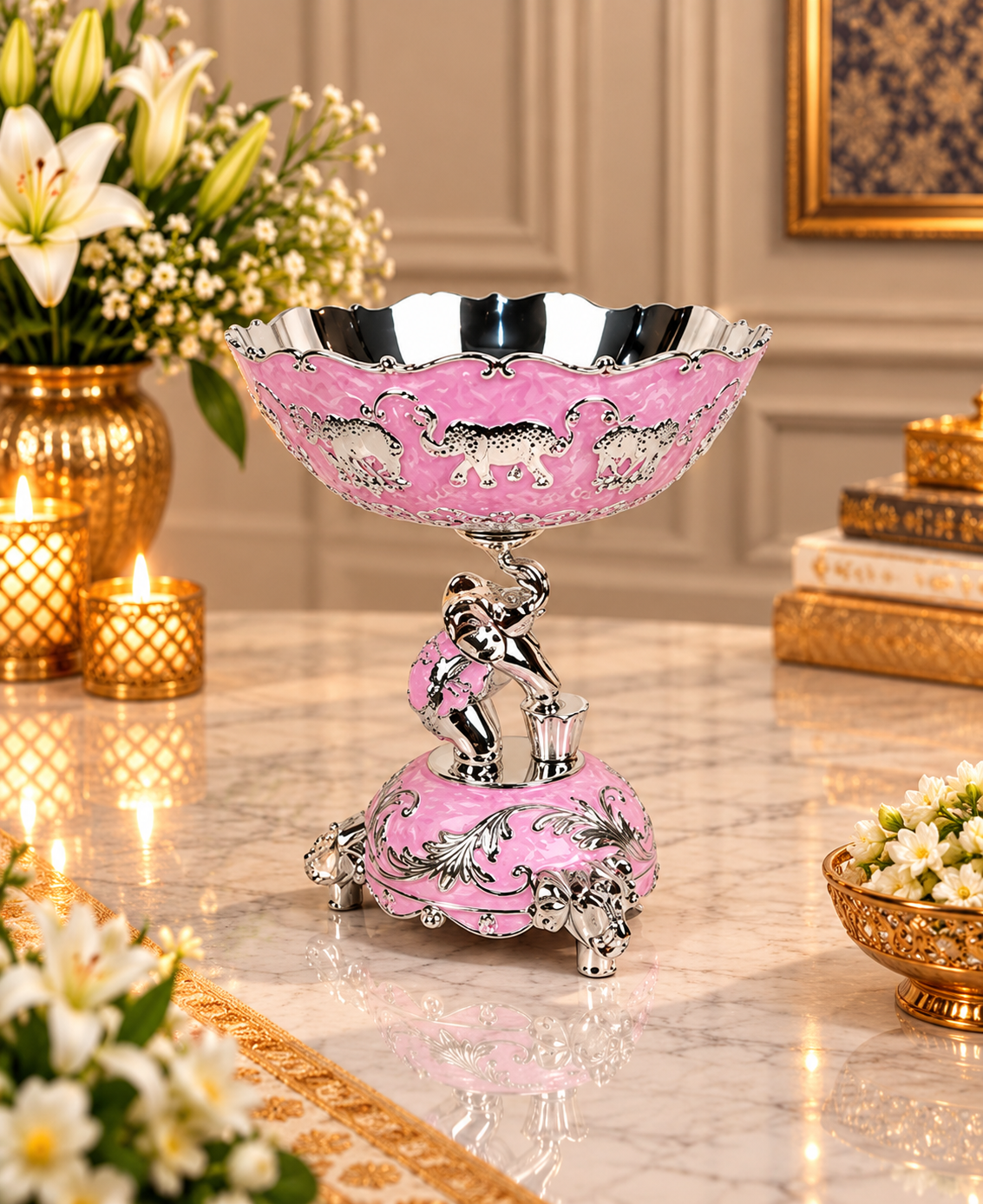 German Silver Elephant Pedestal Bowl – Lilac Pink Enamel