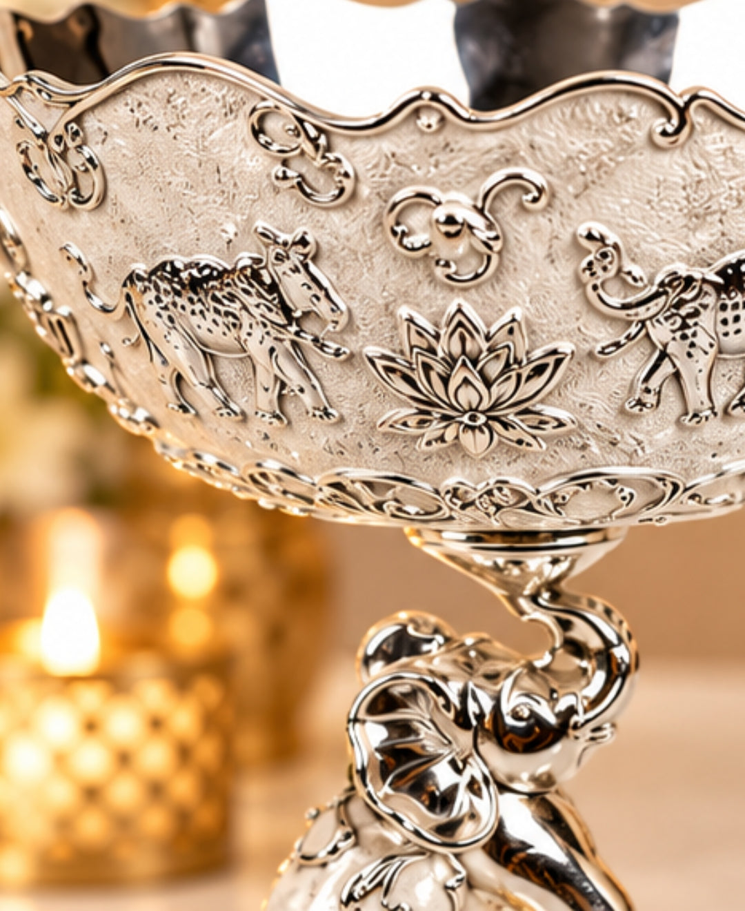 German Silver Elephant Pedestal Bowl – Pearl White Enamel