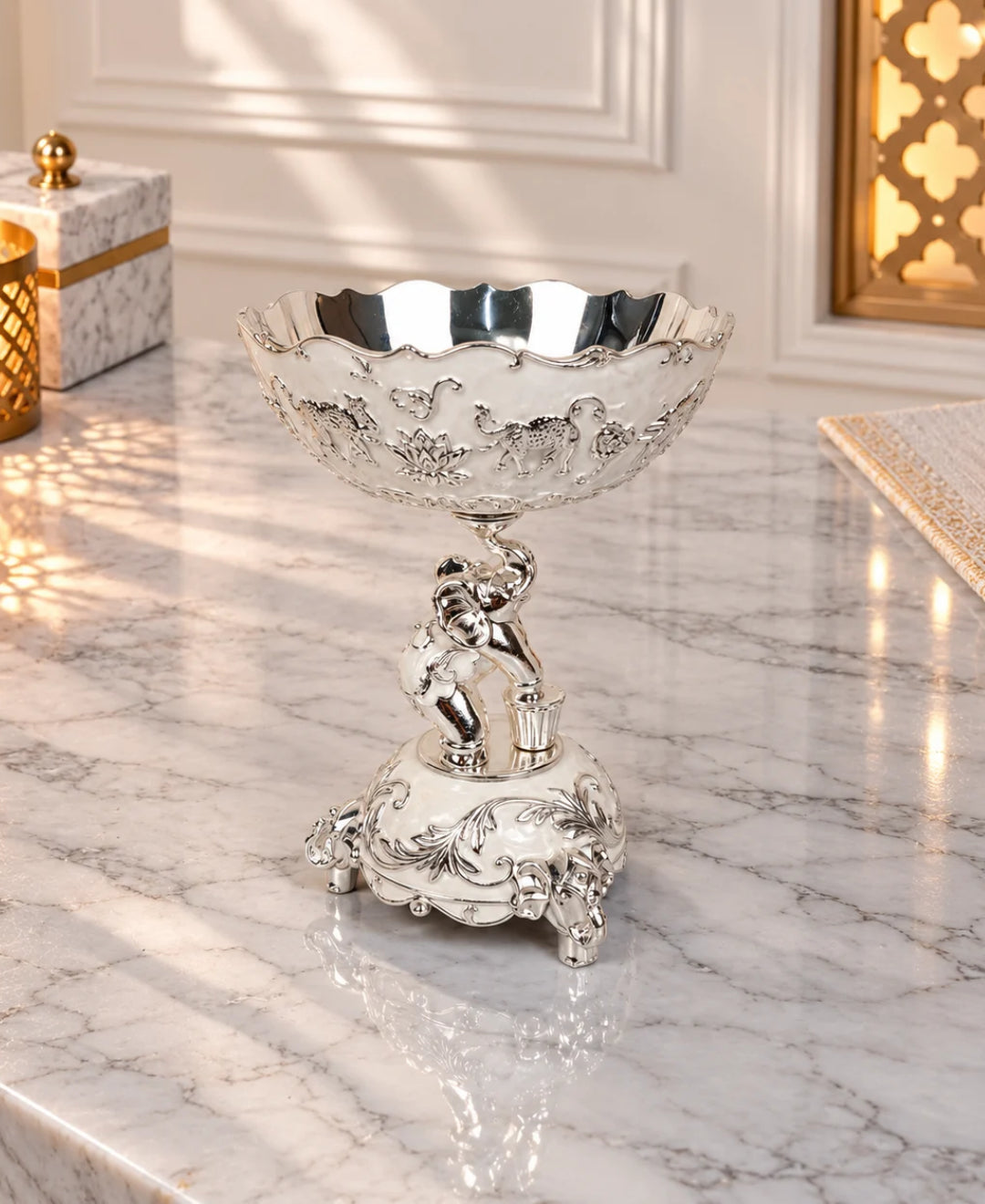 German Silver Elephant Pedestal Bowl – Pearl White Enamel
