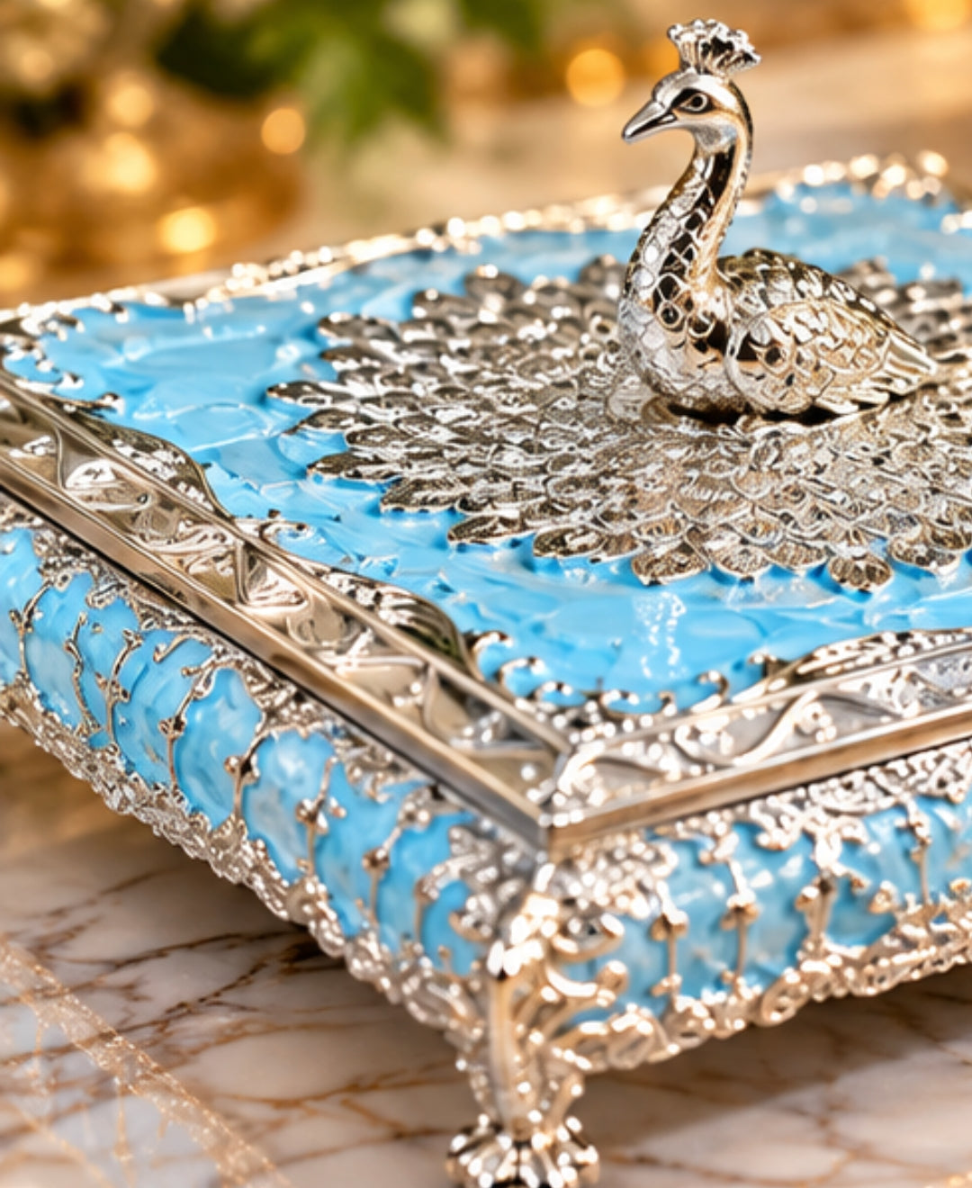 German Silver Mor Mandala Dry Fruit Box – Sky Blue Enamel