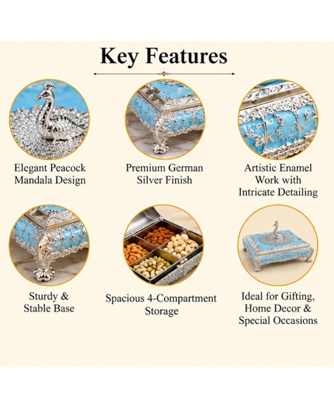 German Silver Mor Mandala Dry Fruit Box – Sky Blue Enamel