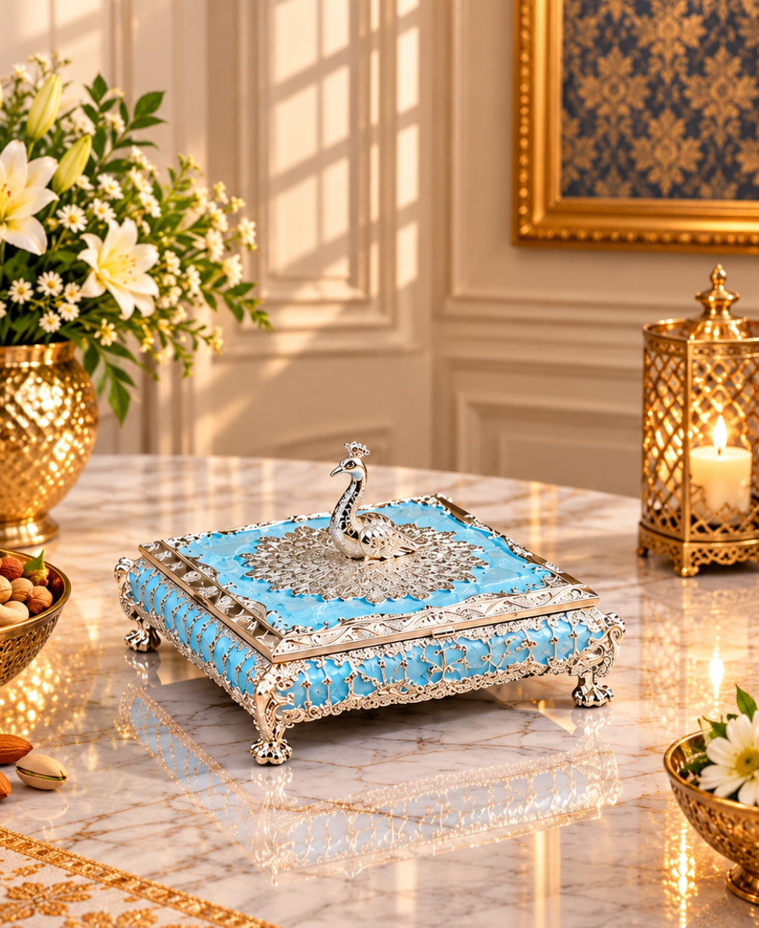 German Silver Mor Mandala Dry Fruit Box – Sky Blue Enamel