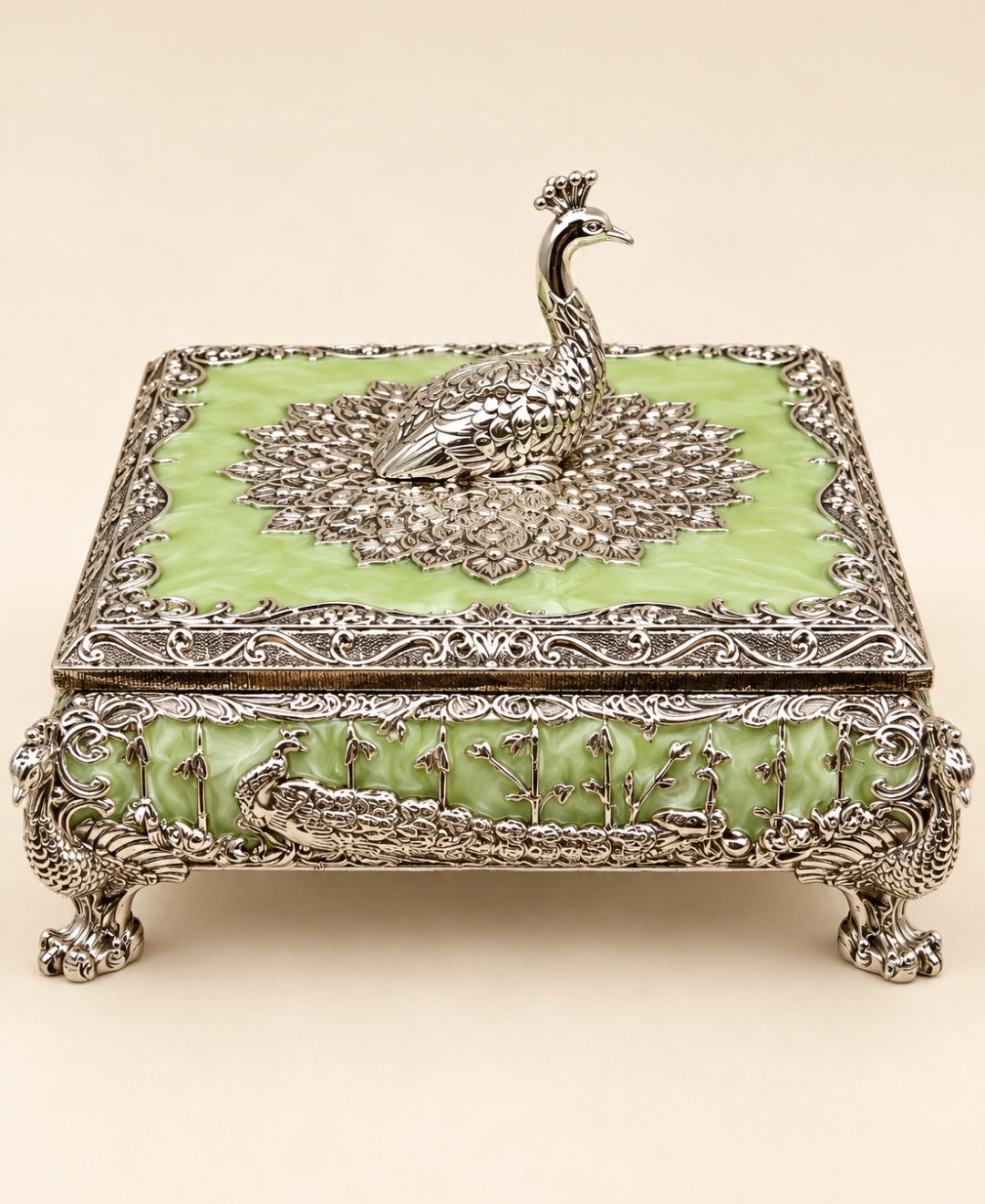 German Silver Mor Mandala Dry Fruit Box – Mint Green Enamel