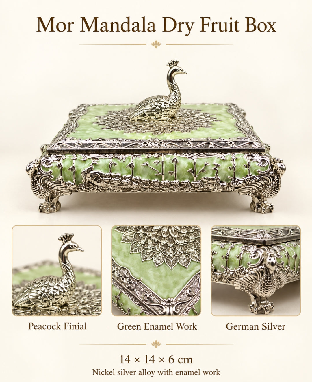 German Silver Mor Mandala Dry Fruit Box – Mint Green Enamel