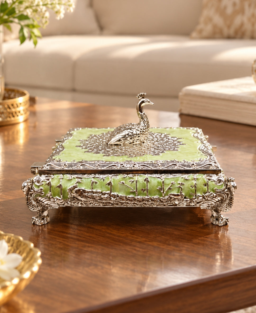 German Silver Mor Mandala Dry Fruit Box – Mint Green Enamel
