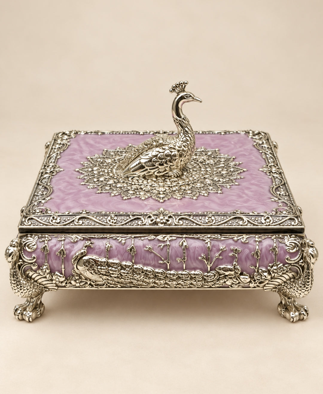 German Silver Mor Mandala Dry Fruit Box – Lilac Pink Enamel