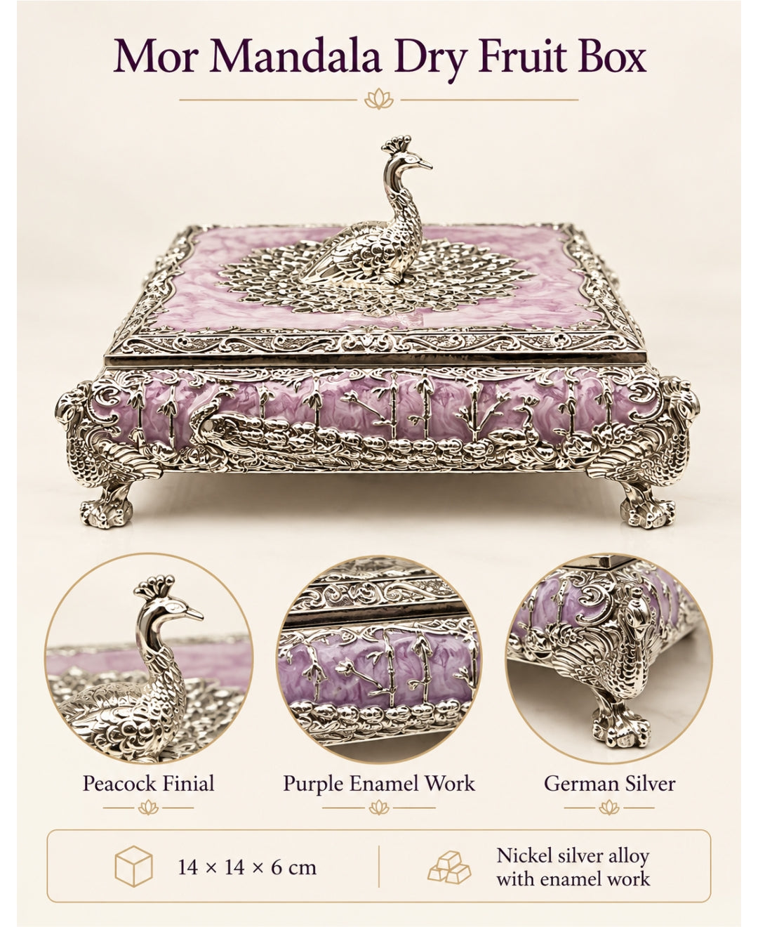 German Silver Mor Mandala Dry Fruit Box – Lilac Pink Enamel