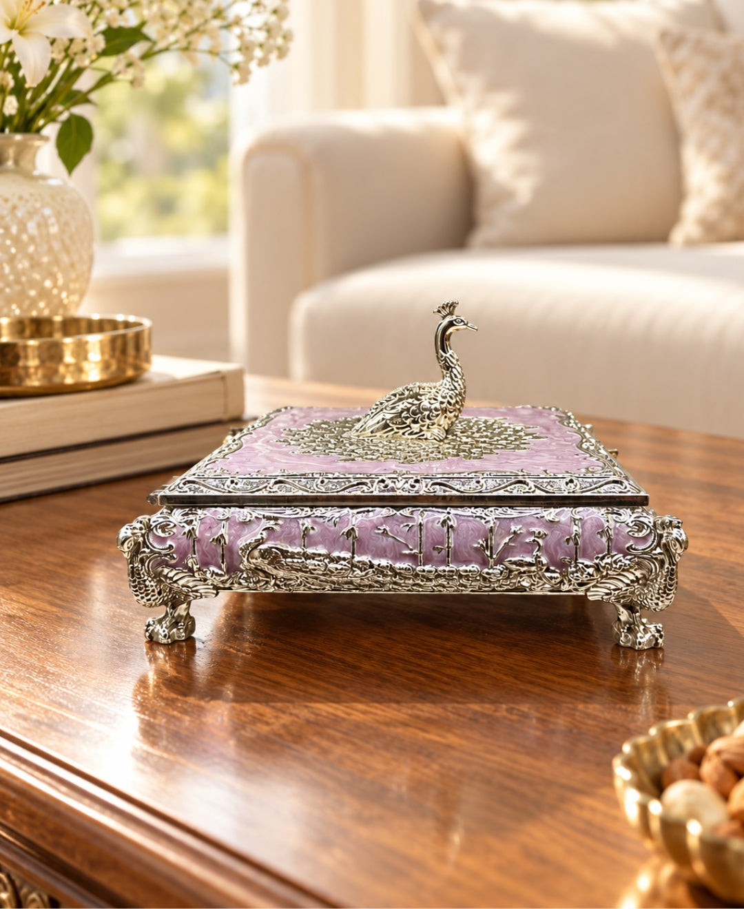 German Silver Mor Mandala Dry Fruit Box – Lilac Pink Enamel