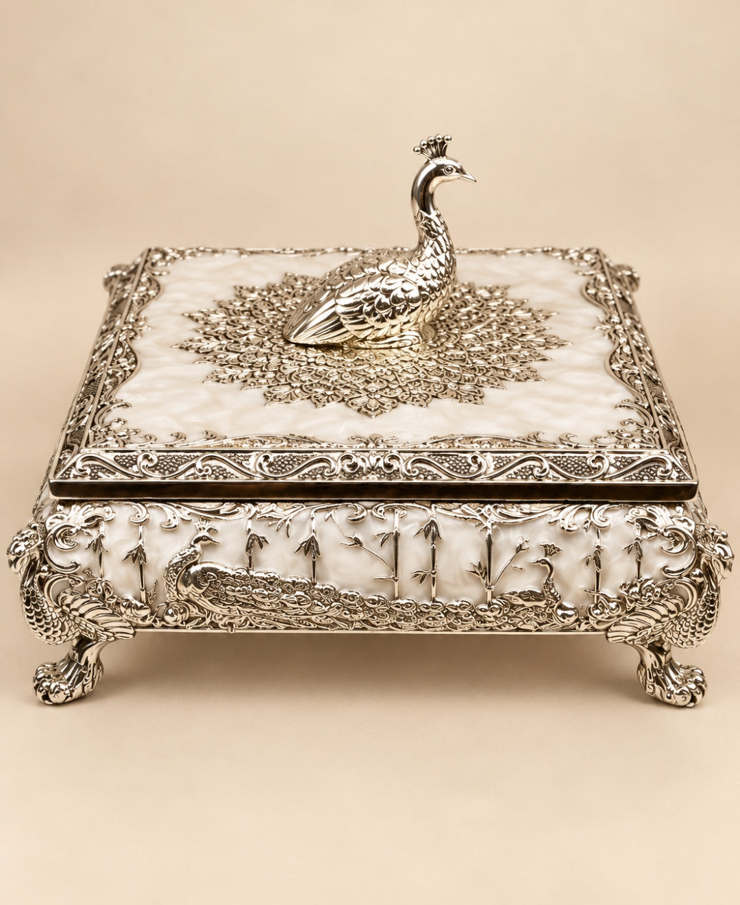 German Silver Mor Mandala Dry Fruit Box – Pearl White Enamel