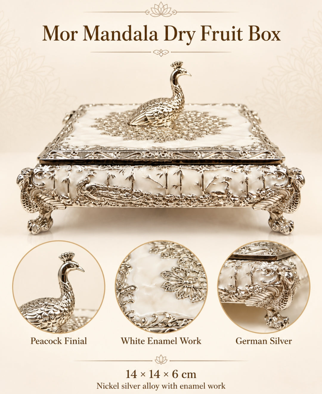 German Silver Mor Mandala Dry Fruit Box – Pearl White Enamel