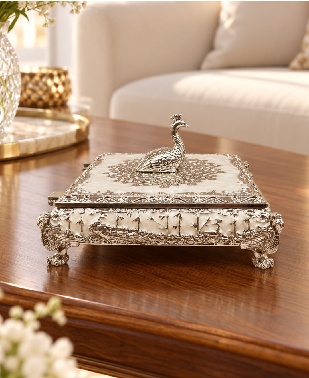 German Silver Mor Mandala Dry Fruit Box – Pearl White Enamel