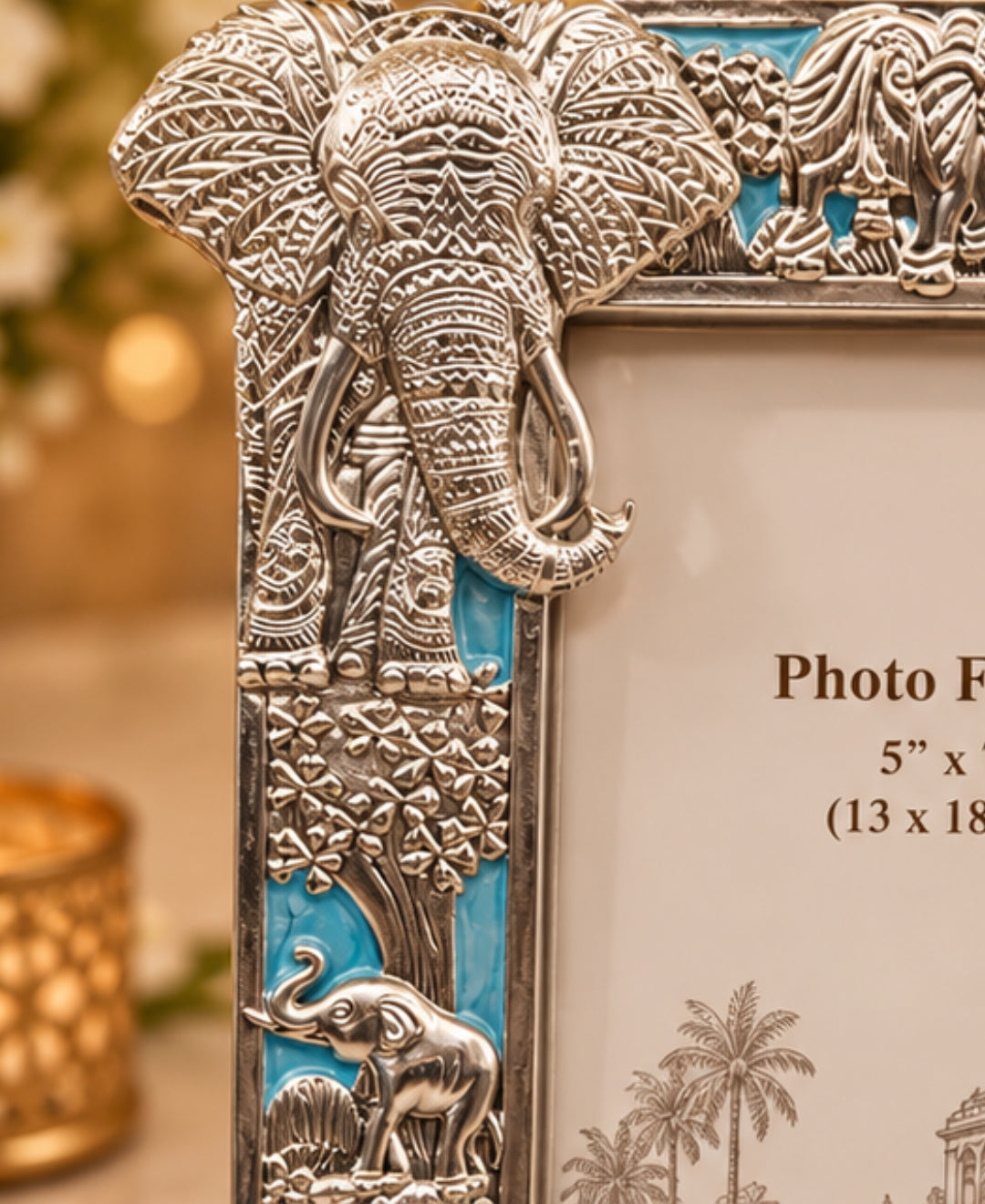 German Silver Elephant Photo Frame – Sky Blue Enamel