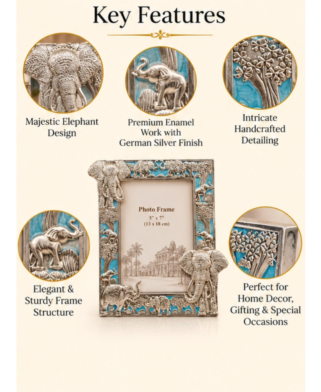 German Silver Elephant Photo Frame – Sky Blue Enamel