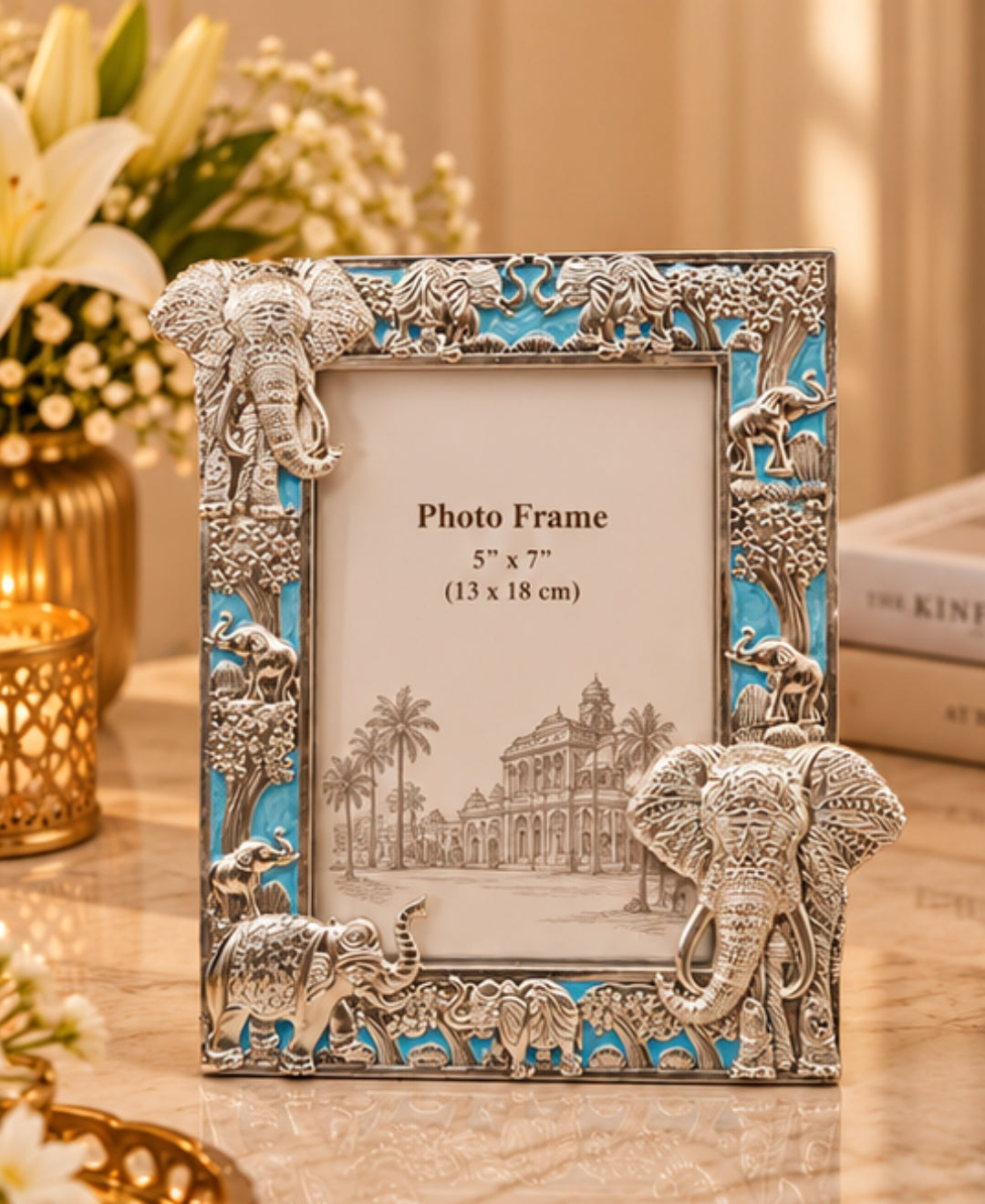 German Silver Elephant Photo Frame – Sky Blue Enamel