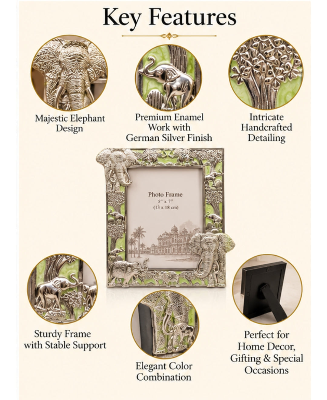 German Silver Elephant Photo Frame – Mint Green Enamel