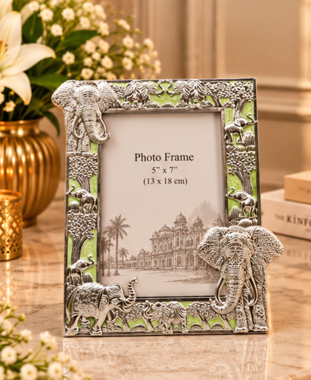 German Silver Elephant Photo Frame – Mint Green Enamel