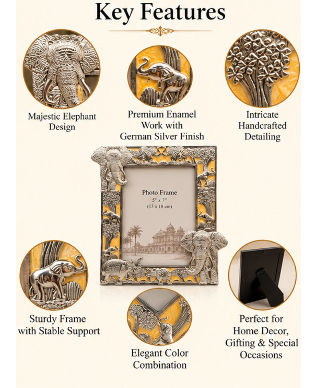 German Silver Elephant Photo Frame – Saffron Orange Enamel