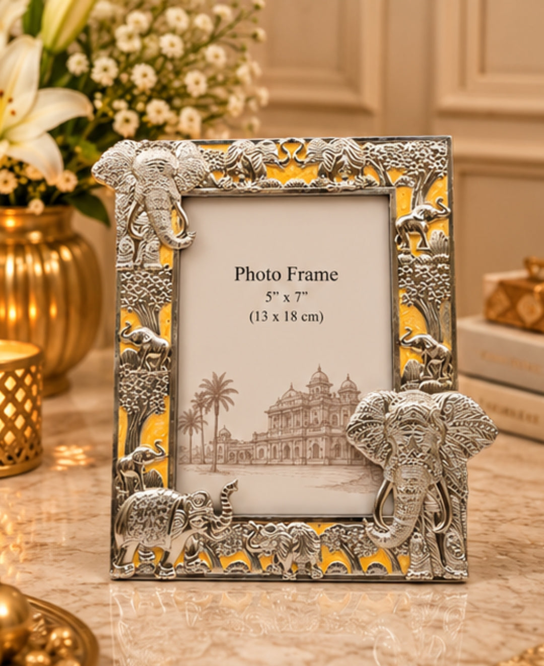 German Silver Elephant Photo Frame – Saffron Orange Enamel