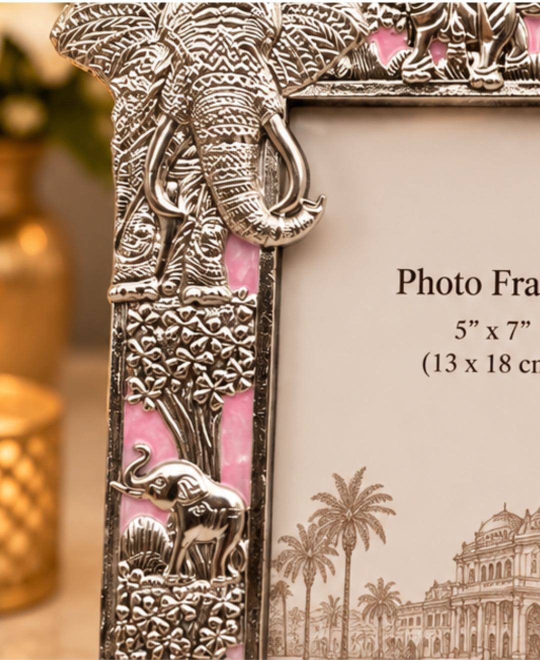 German Silver Elephant Photo Frame – Lilac Pink Enamel