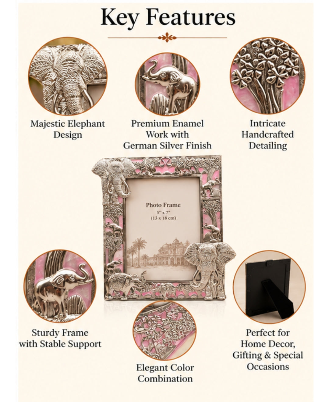 German Silver Elephant Photo Frame – Lilac Pink Enamel
