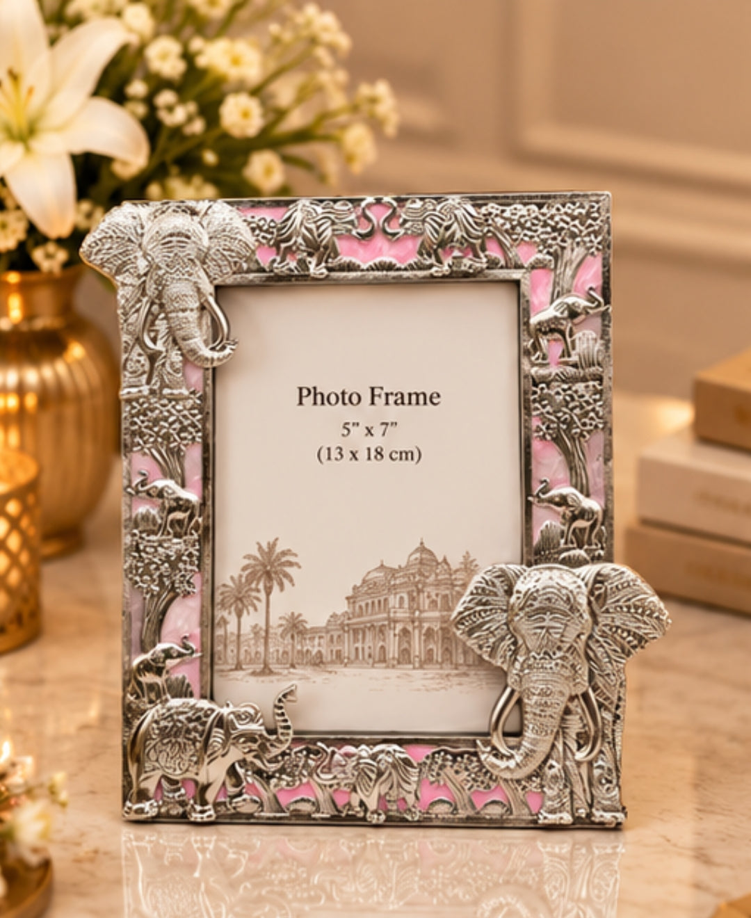 German Silver Elephant Photo Frame – Lilac Pink Enamel