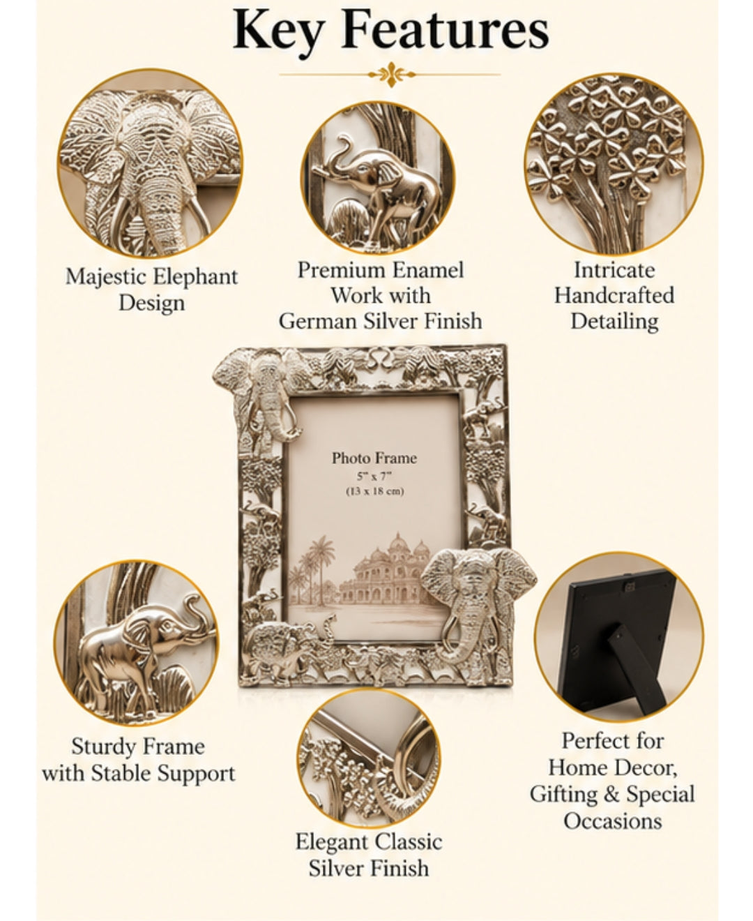 German Silver Elephant Photo Frame – Pearl White Enamel
