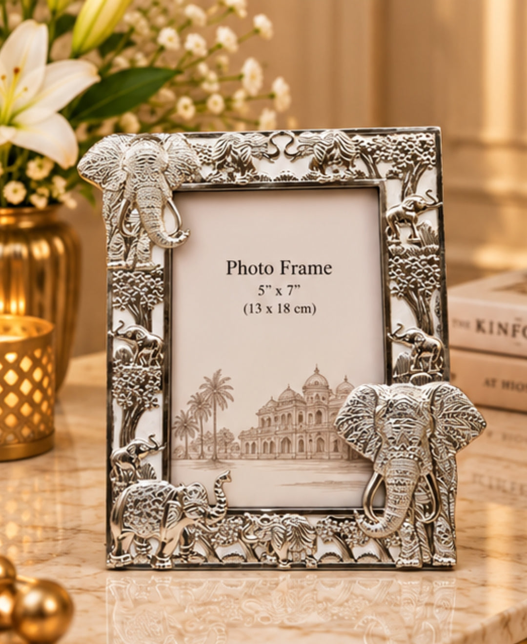 German Silver Elephant Photo Frame – Pearl White Enamel