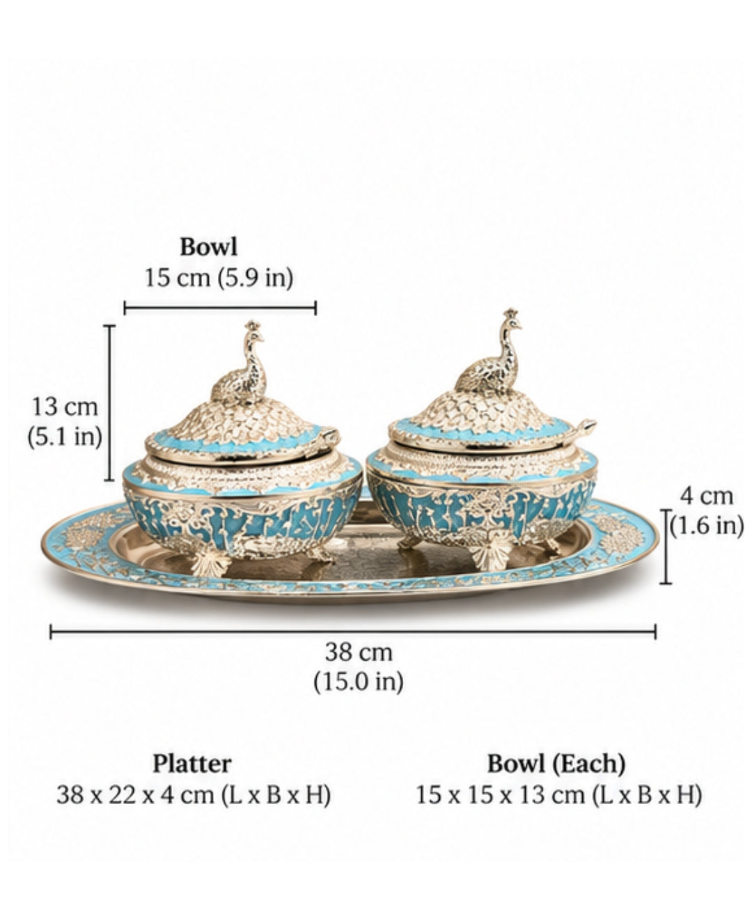 German Silver Bagh-e-Mayur Trio (Set of 3) – Sky Blue Enamel Oval Tray with 2 Lidded Peacock Bowls