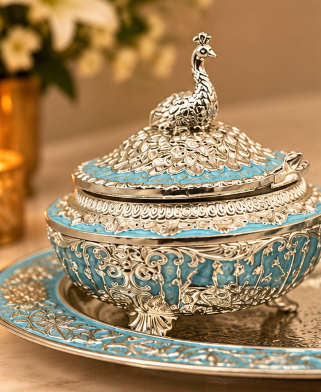 German Silver Bagh-e-Mayur Trio (Set of 3) – Sky Blue Enamel Oval Tray with 2 Lidded Peacock Bowls