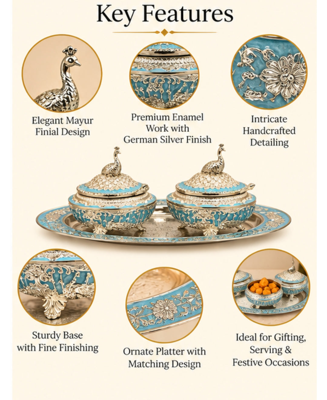 German Silver Bagh-e-Mayur Trio (Set of 3) – Sky Blue Enamel Oval Tray with 2 Lidded Peacock Bowls