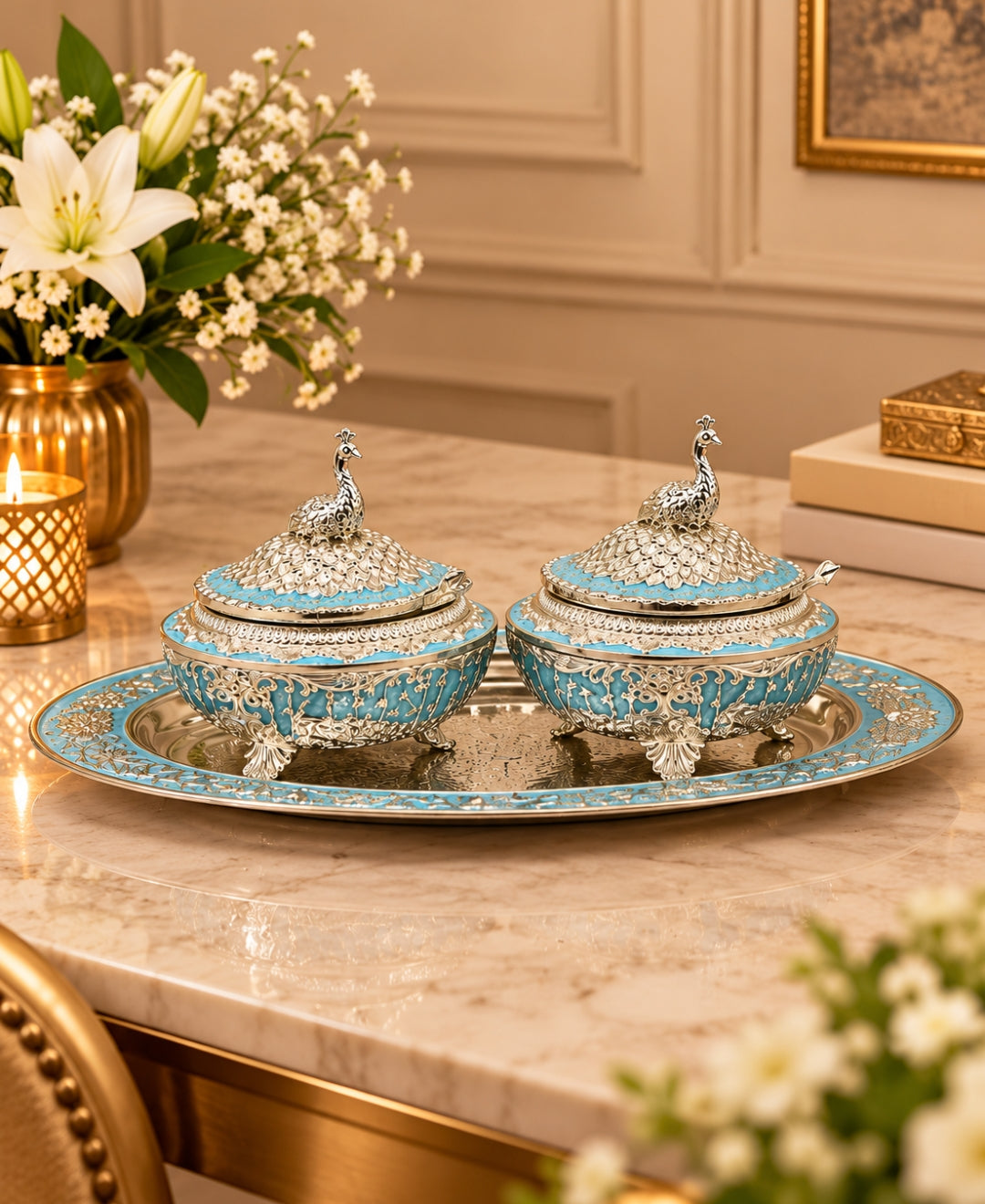 German Silver Bagh-e-Mayur Trio (Set of 3) – Sky Blue Enamel Oval Tray with 2 Lidded Peacock Bowls