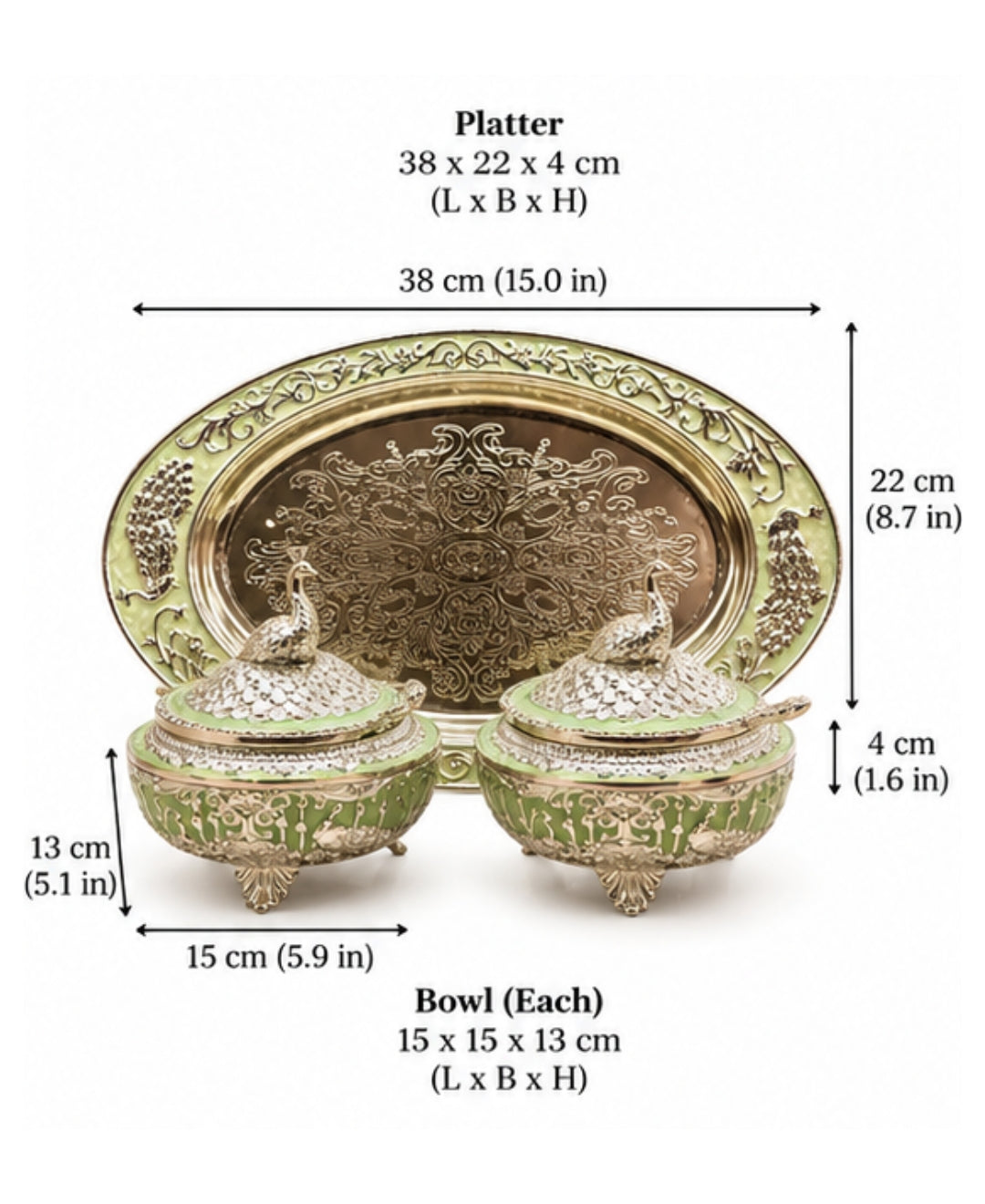 German Silver Bagh-e-Mayur Trio (Set of 3) – Mint Green Enamel Oval Tray with 2 Lidded Peacock Bowls