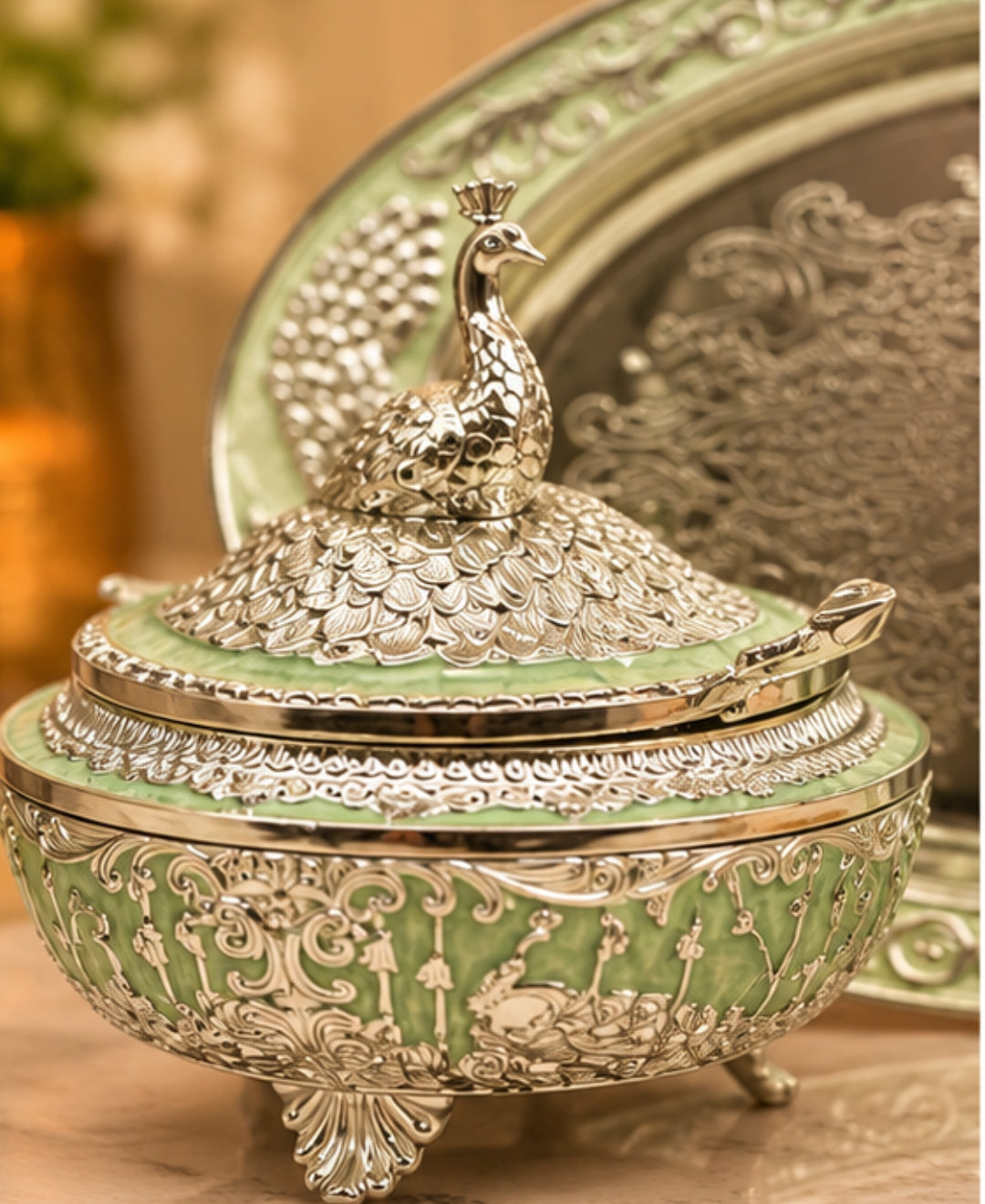 German Silver Bagh-e-Mayur Trio (Set of 3) – Mint Green Enamel Oval Tray with 2 Lidded Peacock Bowls