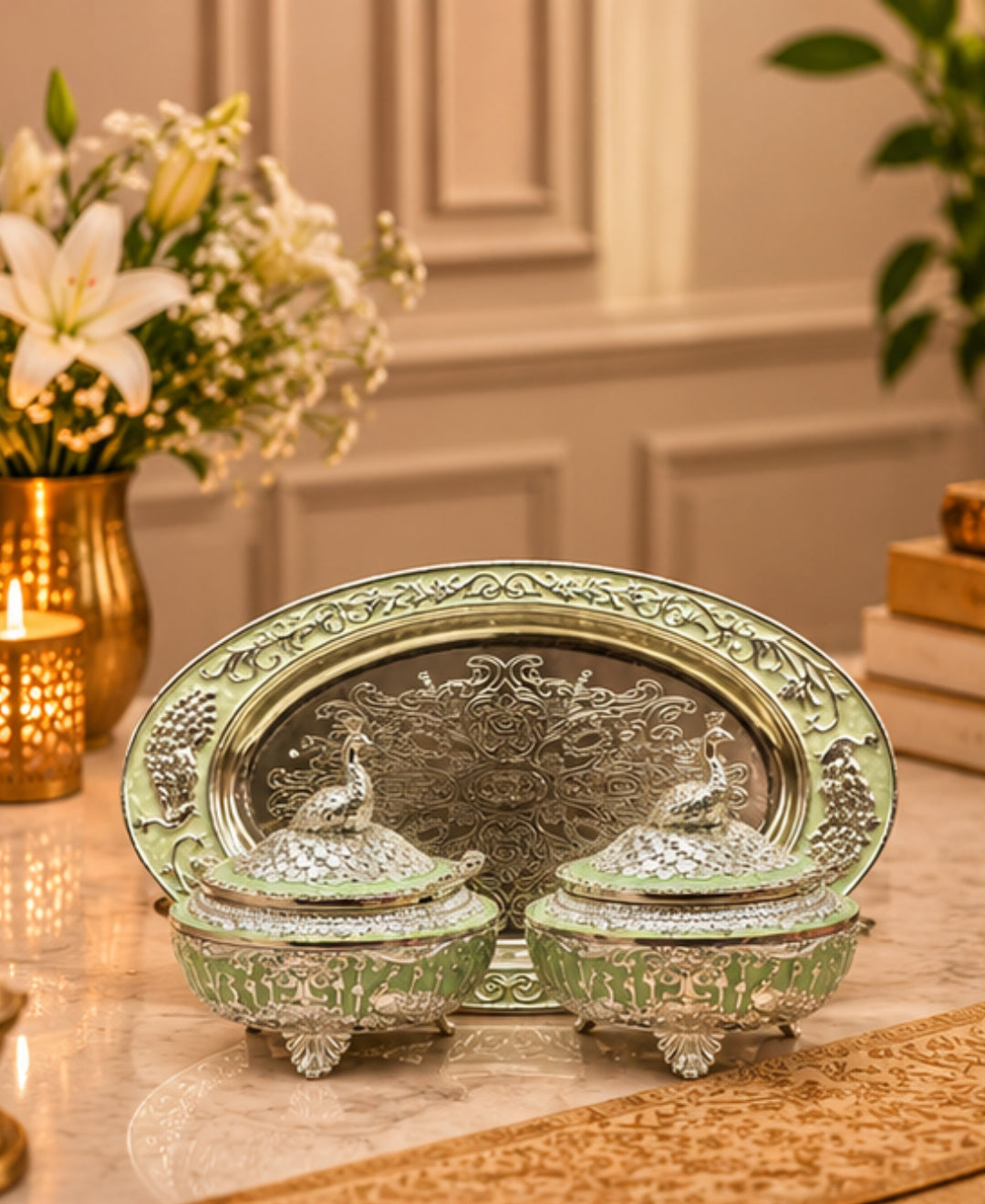 German Silver Bagh-e-Mayur Trio (Set of 3) – Mint Green Enamel Oval Tray with 2 Lidded Peacock Bowls