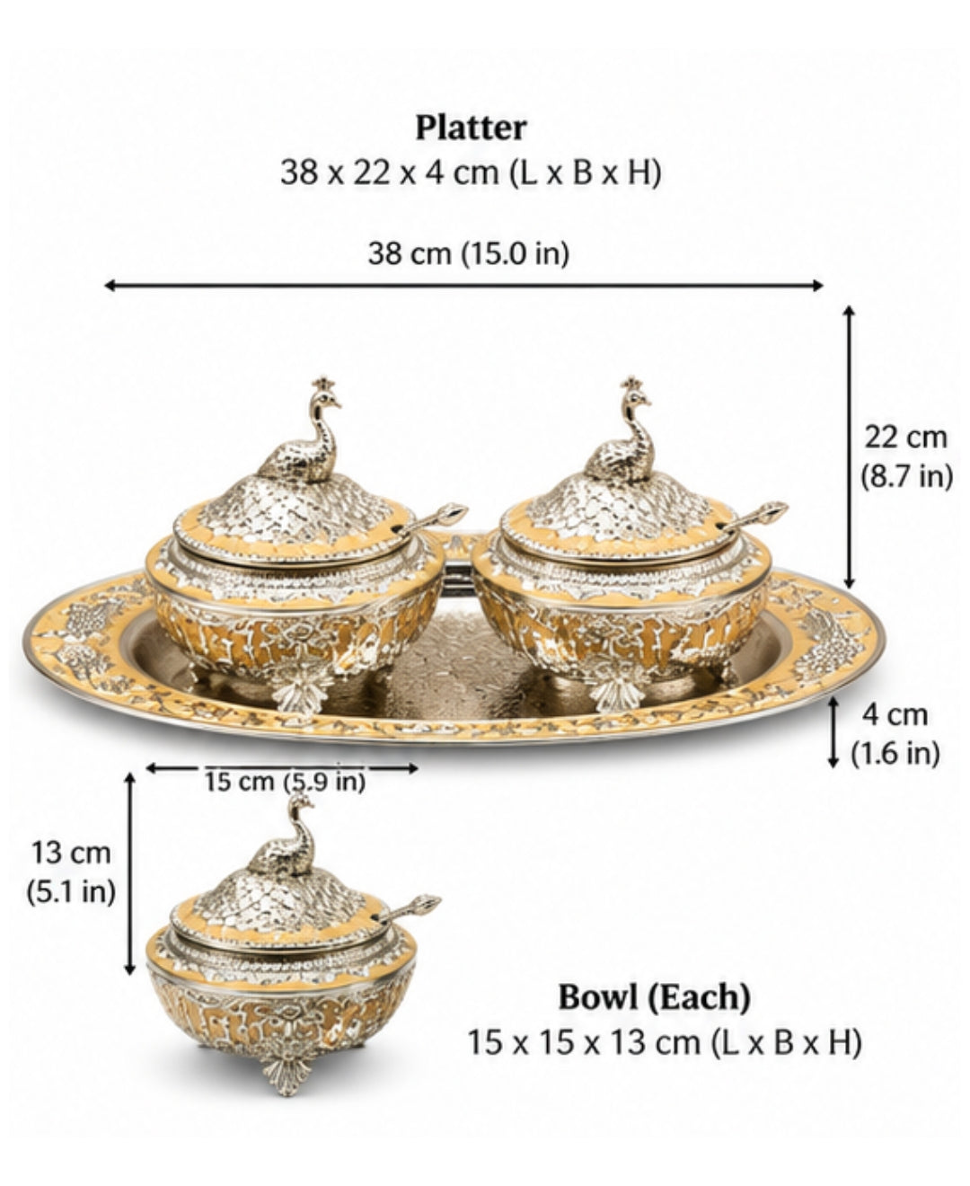 German Silver Bagh-e-Mayur Trio (Set of 3) –Saffron Orange Enamel Oval Tray with 2 Lidded Peacock Bowls