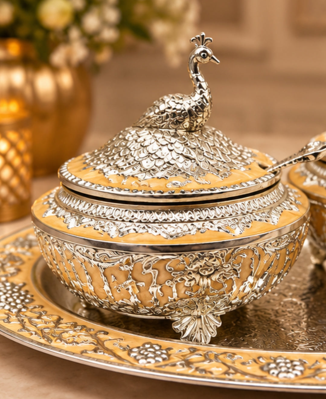 German Silver Bagh-e-Mayur Trio (Set of 3) –Saffron Orange Enamel Oval Tray with 2 Lidded Peacock Bowls