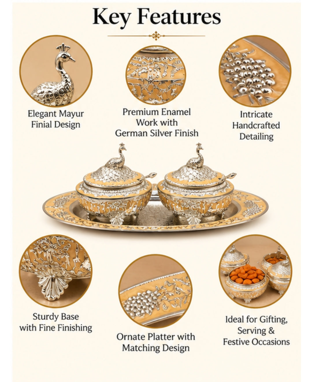 German Silver Bagh-e-Mayur Trio (Set of 3) –Saffron Orange Enamel Oval Tray with 2 Lidded Peacock Bowls