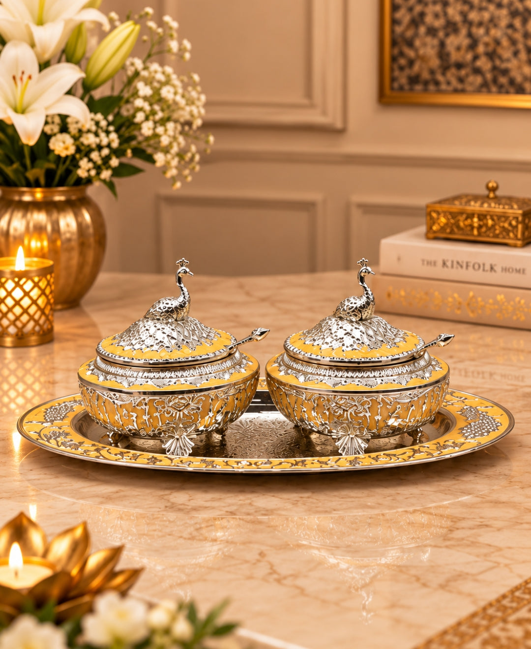 German Silver Bagh-e-Mayur Trio (Set of 3) –Saffron Orange Enamel Oval Tray with 2 Lidded Peacock Bowls