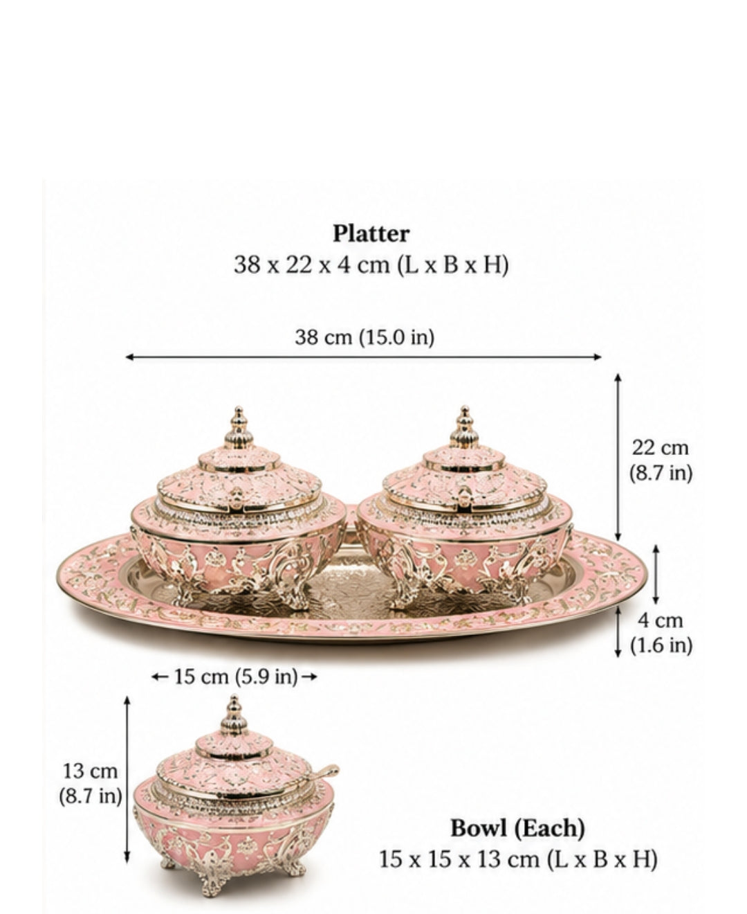 German Silver Bagh-e-Mayur Trio (Set of 3) –Lilac Pink Enamel Oval Tray with 2 Lidded Peacock Bowls